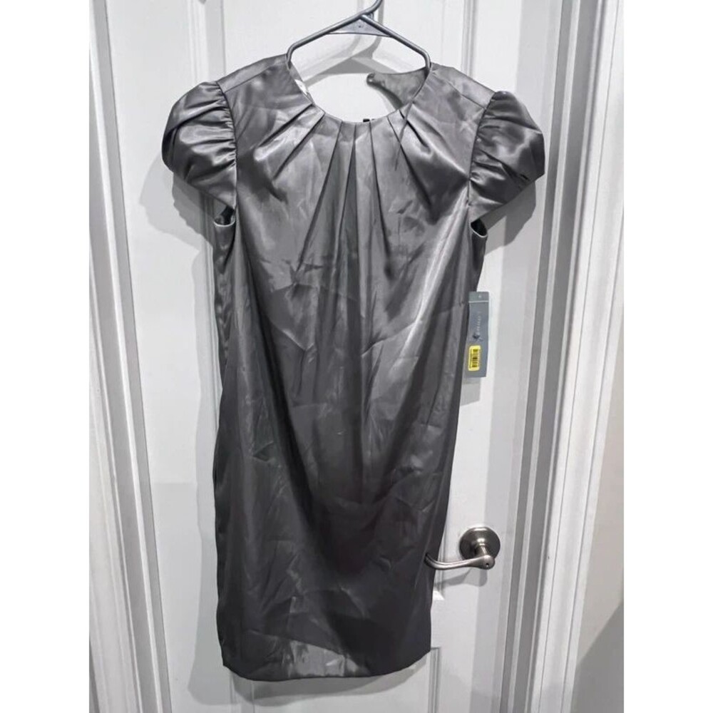 London Times Women’s Size 2 Oyster Gray Satin Puff Sleeve Sheath Dress NWT